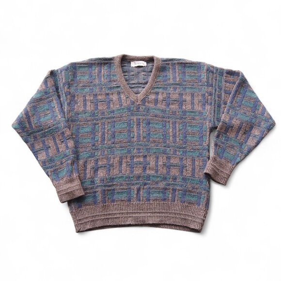 Jantzen Vintage Sweater Men’s L Geometric Pattern Taupe Blue Teal Knit Pullover - Picture 1 of 7